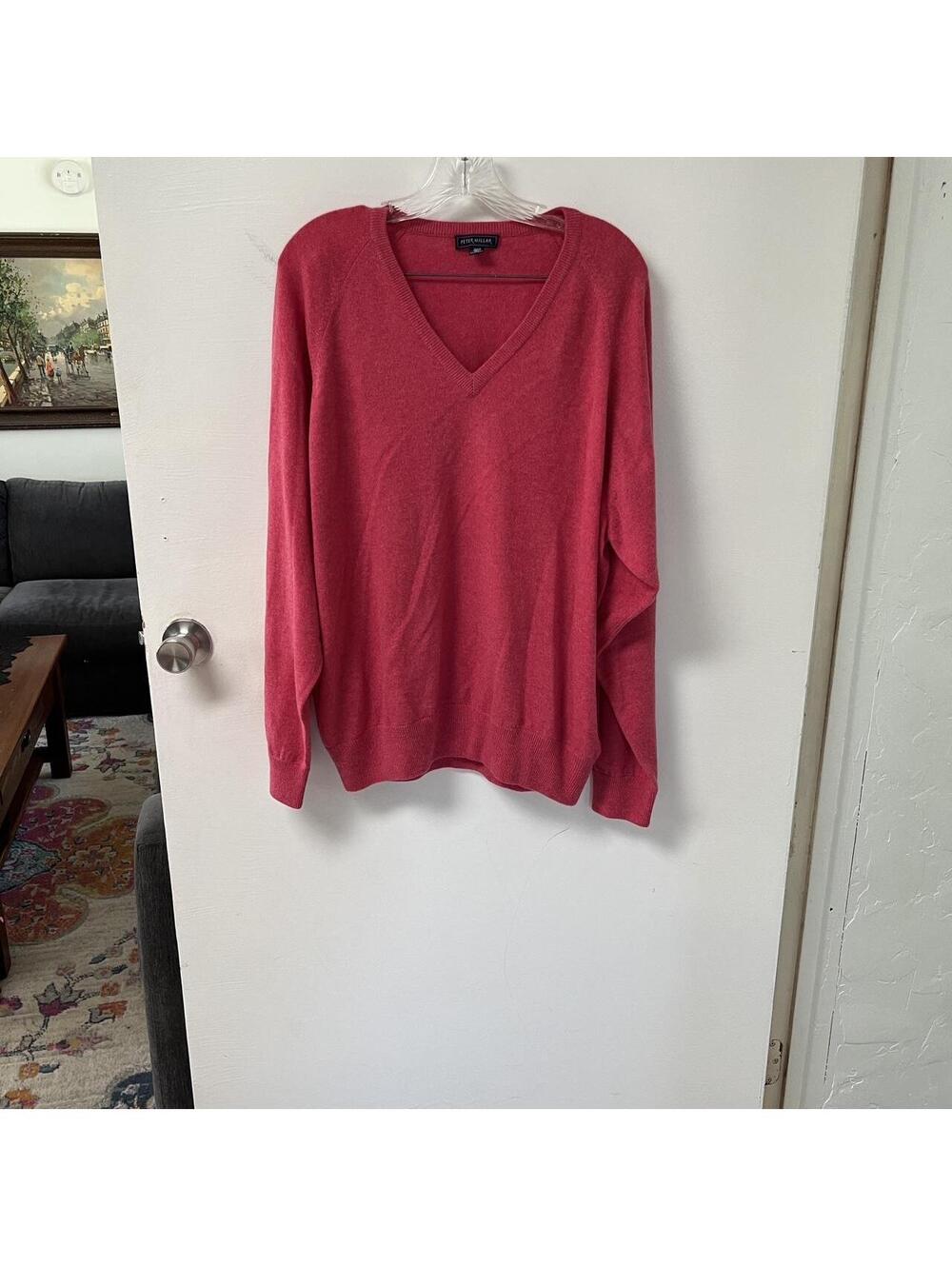 Peter Millar cashmere V-neck sweater in heathered raspberry pink, men's size XL